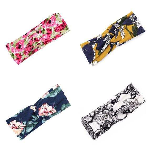 Boho chic floral cross headbands in various colorful prints with bow style for women