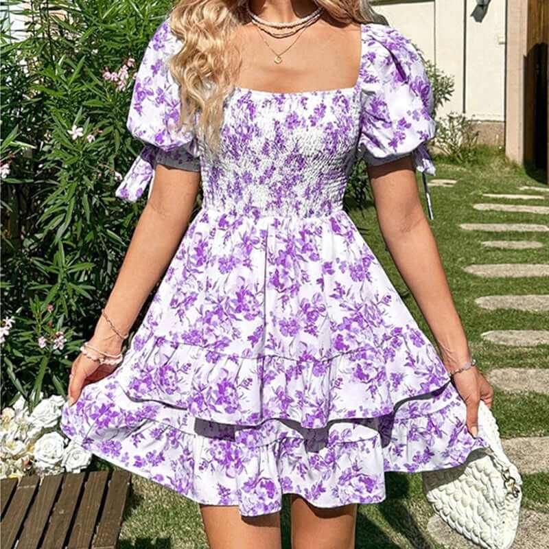 Women's Puff Sleeve Square Neck Smocked Dress in Purple Floral Print, Boho Ruffle Mini Dress for Summer.
