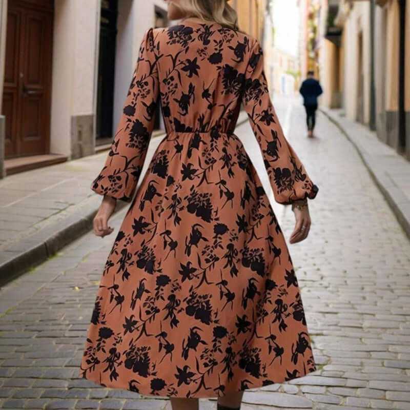 Women’s V-neck floral print maxi dress with long sleeves and A-line silhouette, ideal for beach vacations.