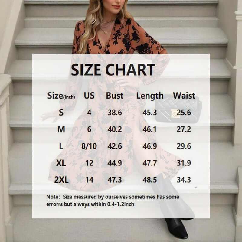 Size chart for women's V-neck maxi dress with measurements for S to 2XL, featuring bust, length, and waist details.