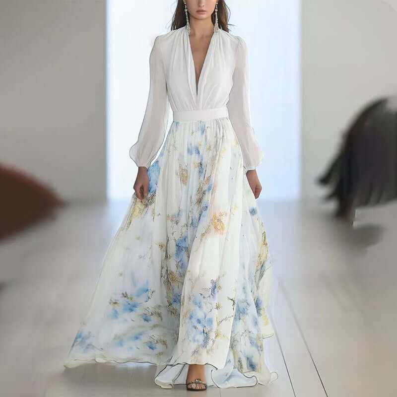 Women's deep V-neck floral maxi dress with long sleeves, A-line silhouette for spring and summer vacations.