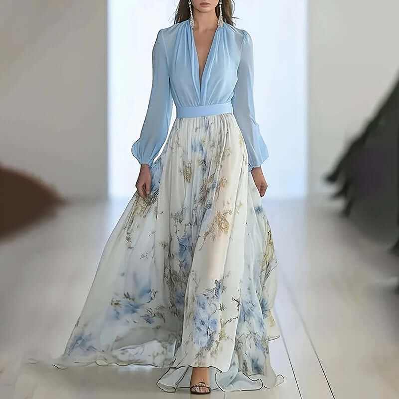 Women's deep V-neck floral print maxi dress with long sleeves and ruffle hem, perfect for spring and summer vacations.