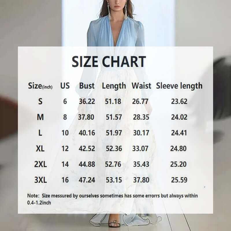 Size chart for women's deep V-neck floral print boho maxi dress, detailing measurements for various sizes.