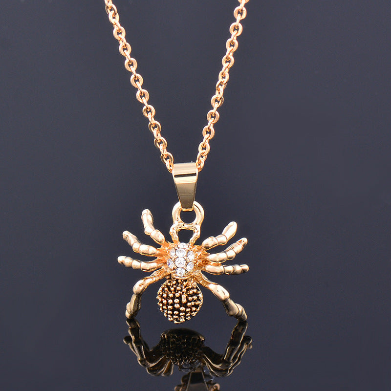 Gold plated bold statement gothic spider pendant necklace with rhinestones on titanium steel chain