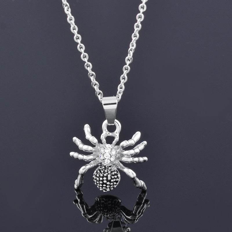 Bold statement gothic silver spider necklace with rhinestones pendant on chain
