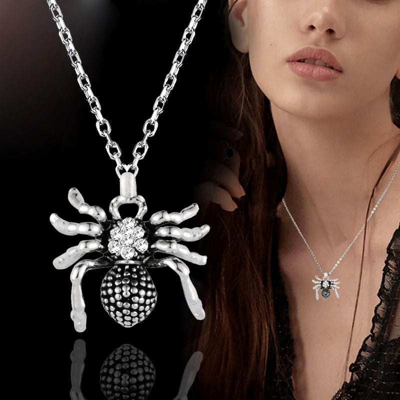 Bold Statement Gothic spider pendant necklace in silver with rhinestones, titanium steel and gold plating, female fashion accessory