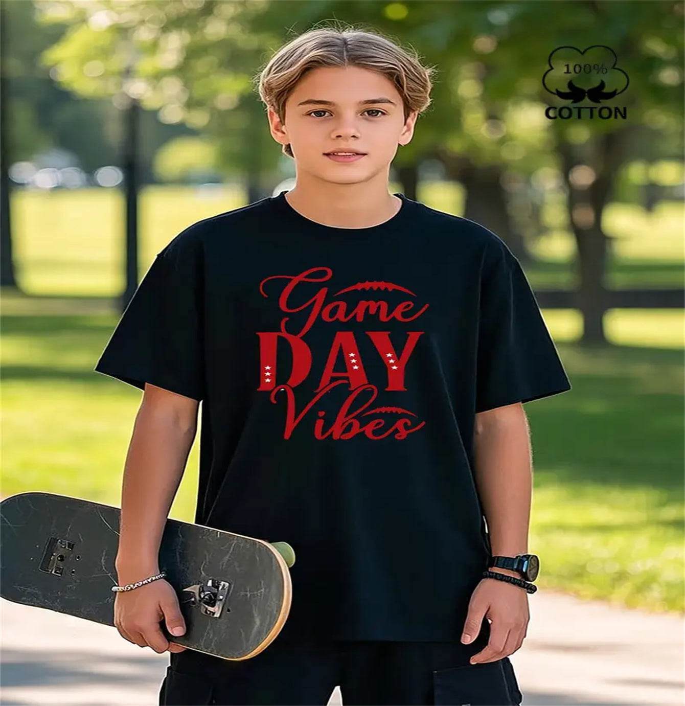 Men's black printed short-sleeved t-shirt with "Game Day Vibes" text, made of comfortable polyester and spandex.