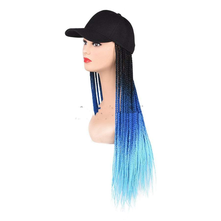 Black cap with long blue ombre braided hair rope attached on mannequin head
