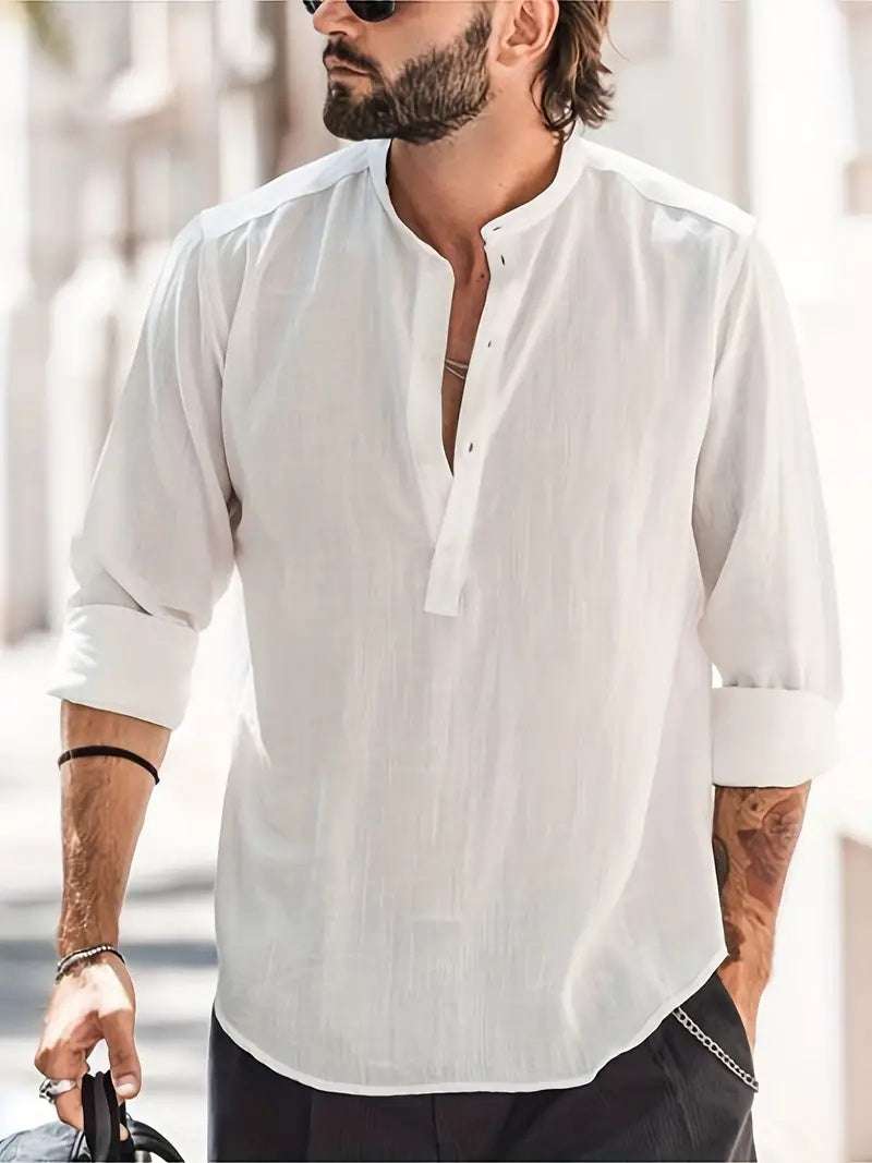 men's white breathable button-down shirt with mandarin collar and long sleeves