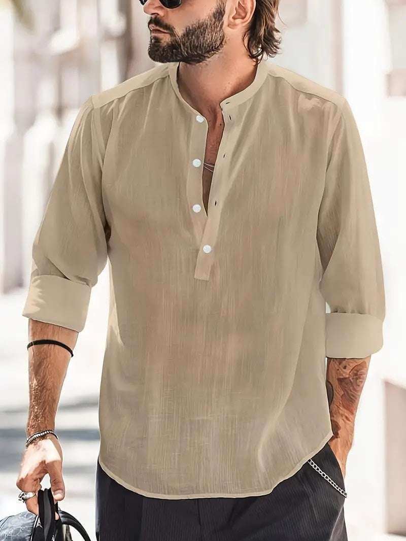 men's beige breathable button-down shirt with mandarin collar and rolled sleeves