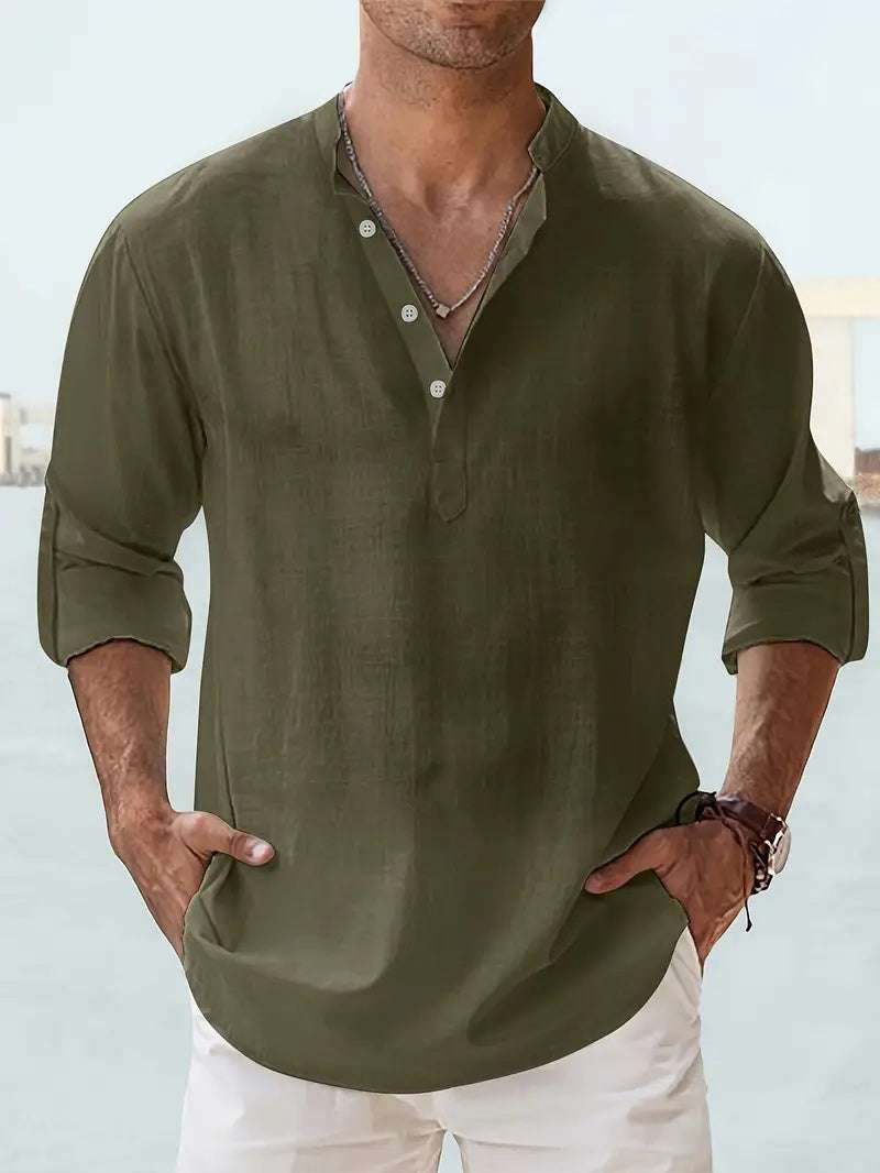 Men's breathable button-down shirt in olive green with rolled sleeves and casual fit