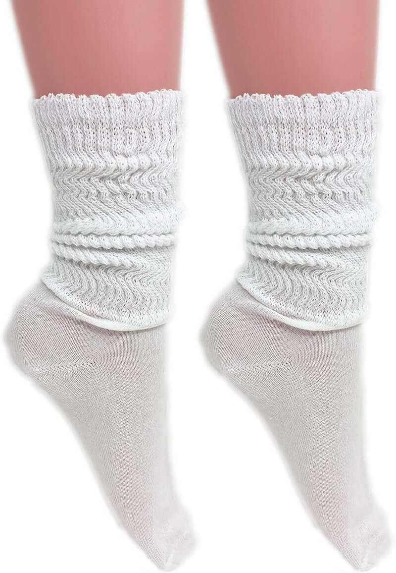 White breathable cotton slouch socks showing slouchy crew length, perfect for casual wear and dance. Comfortable and trendy.