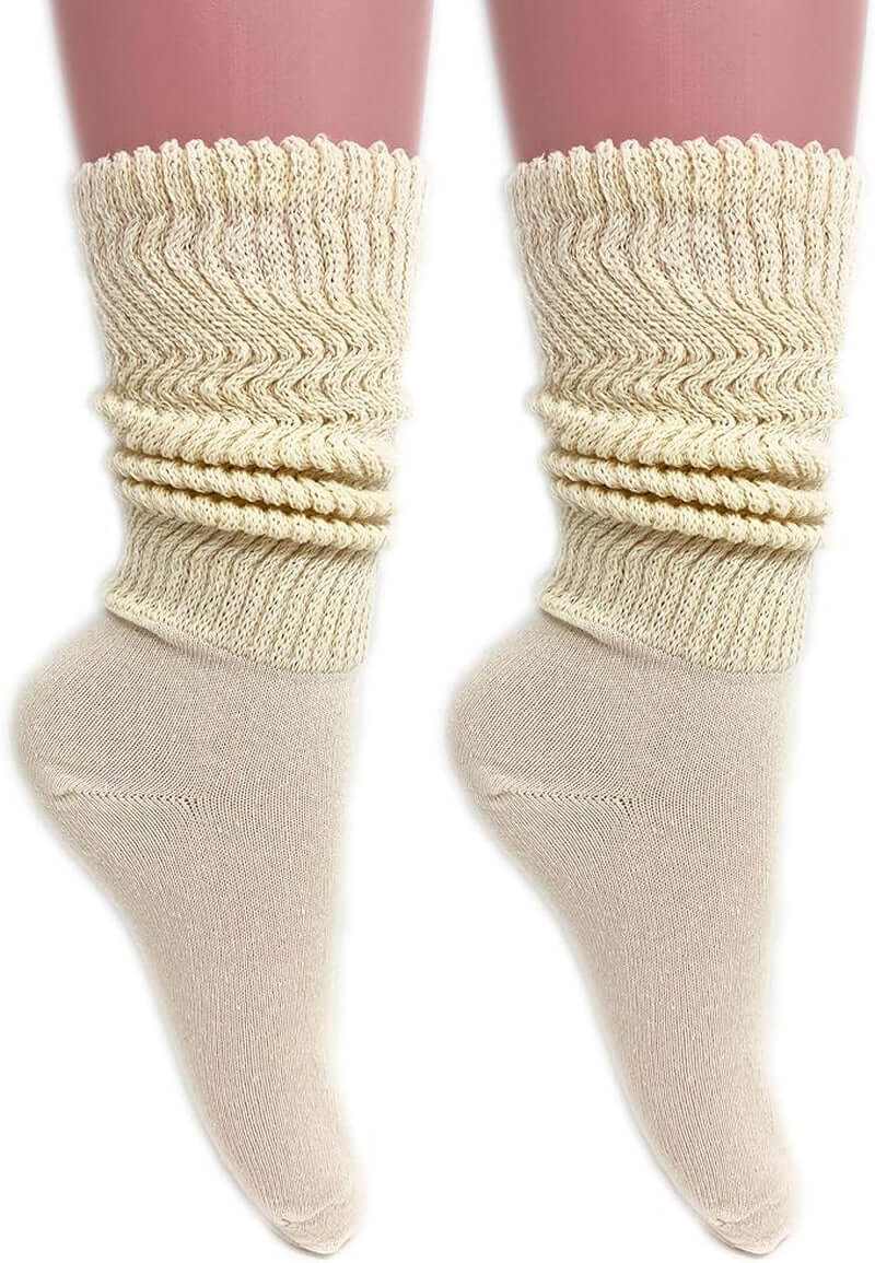 Cream-colored breathable cotton slouch socks with a trendy ribbed design, perfect for casual wear and lounging.