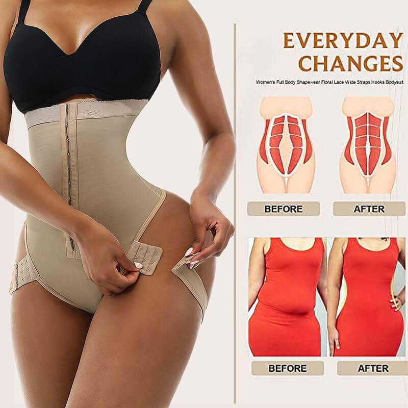 Before and after comparison of women's full body shapewear showing waist slimming effects.