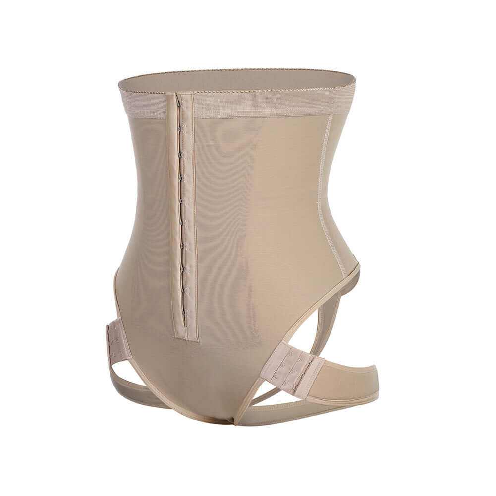 Butt lifter control panties shaping brief in beige with high waist design and adjustable straps from the back.