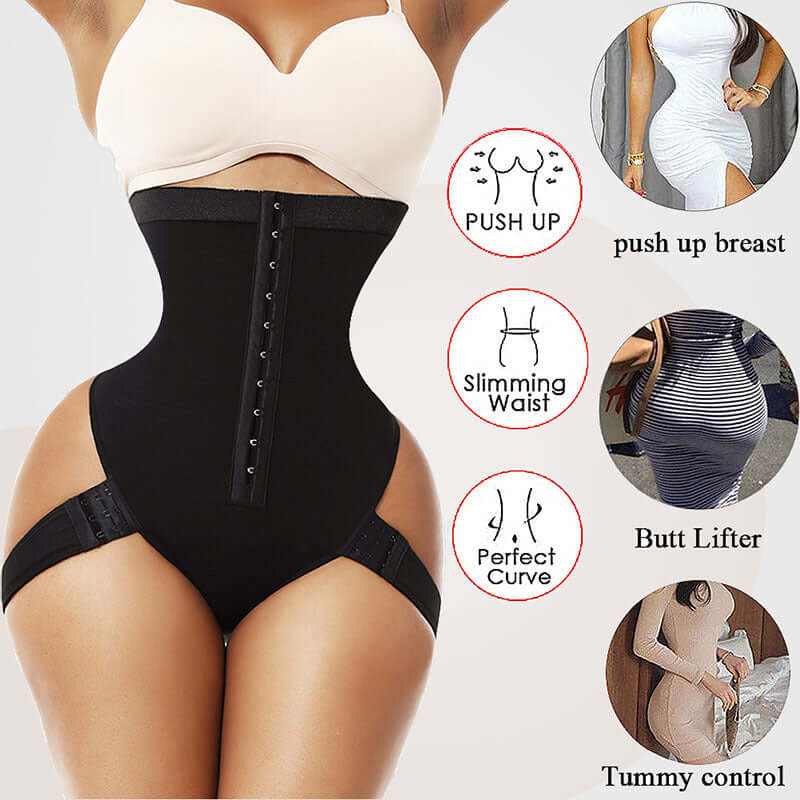 High waist black butt lifter shapewear with push-up features and tummy control icons, highlighting comfort and style.