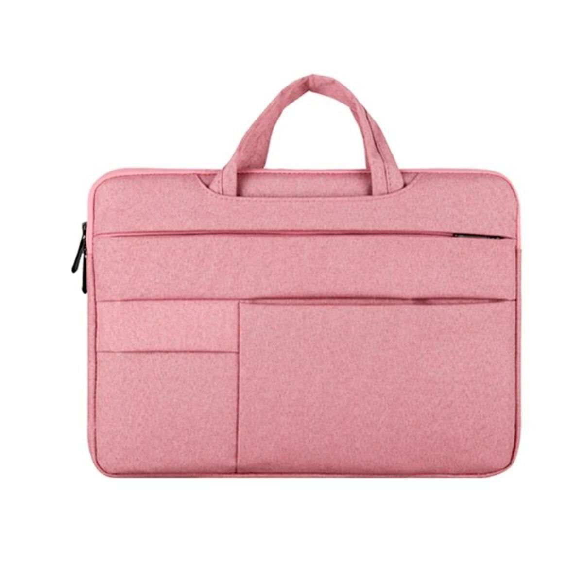 laptop bag with shoulder strap in pink color featuring multiple pockets and sturdy handles