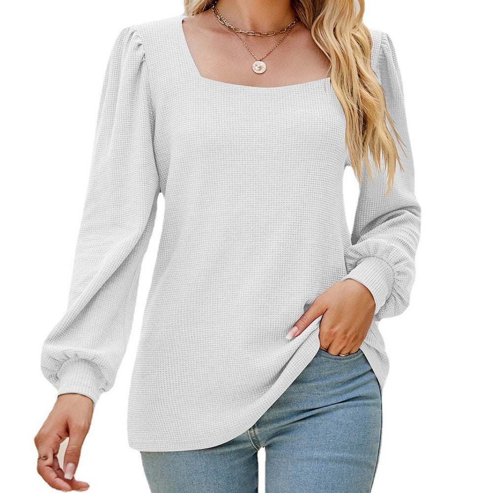Women's U-neck Pleated Puff Sleeve Top Loose Casual Solid Color T-shirt