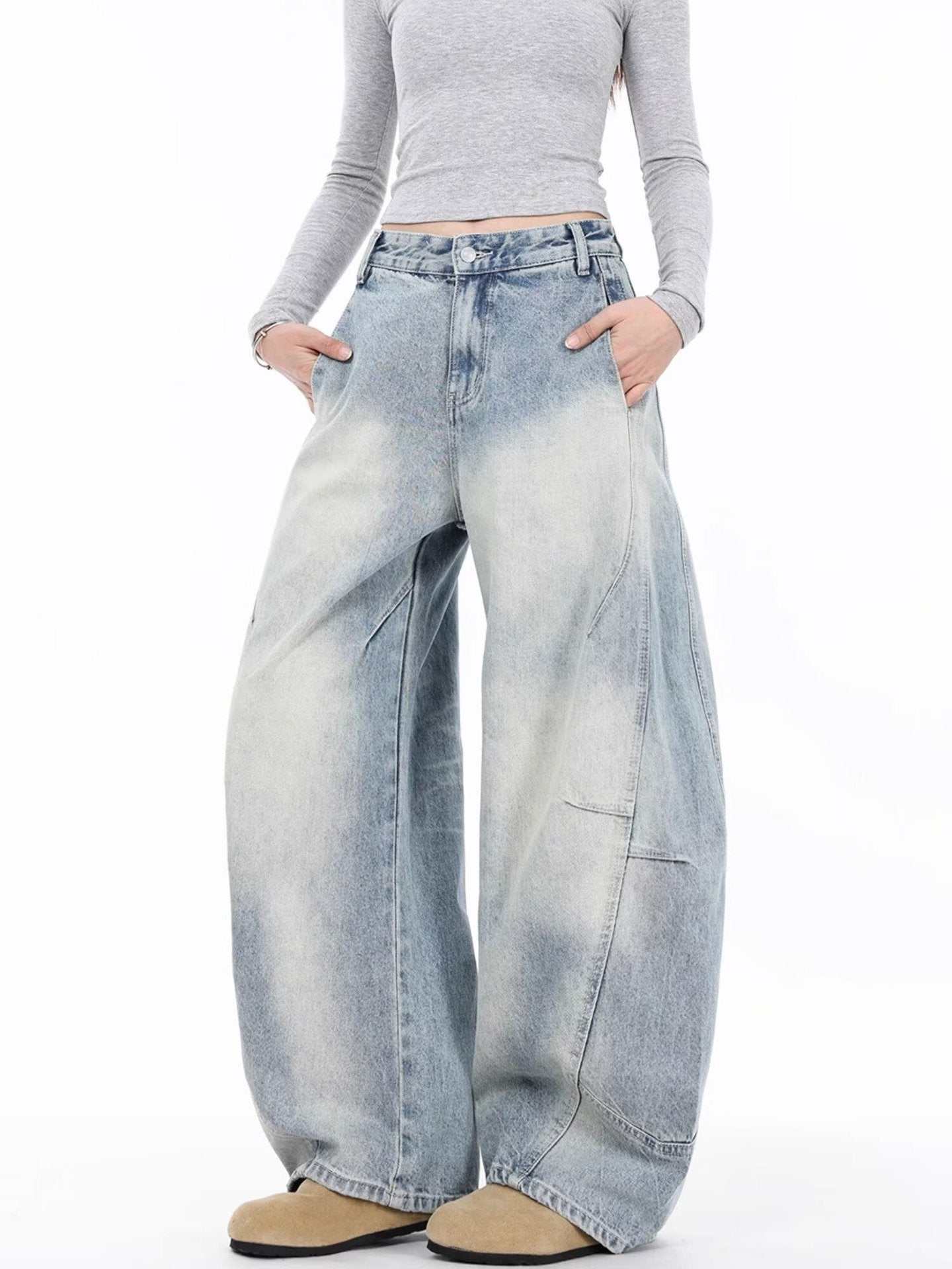 Vintage Distressed Straight Wide Leg Jeans