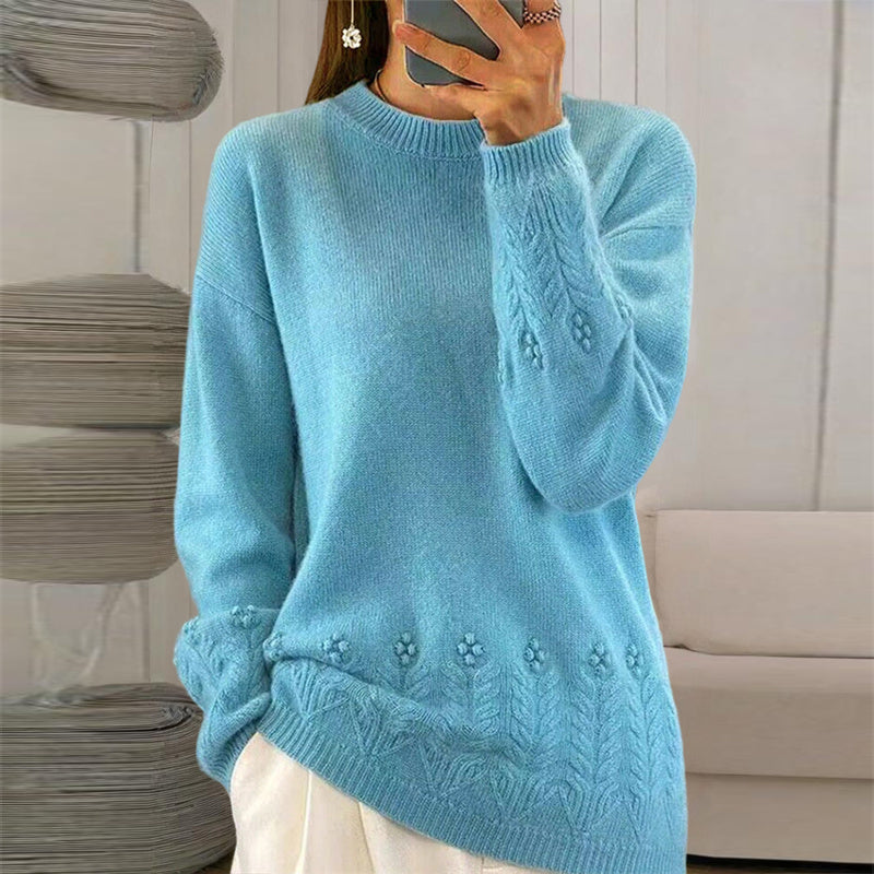 Women's Solid Color 3D Floral Embroidered Sweater, Loose Round Neck Long Sleeve Pullover For Autumn & Winter