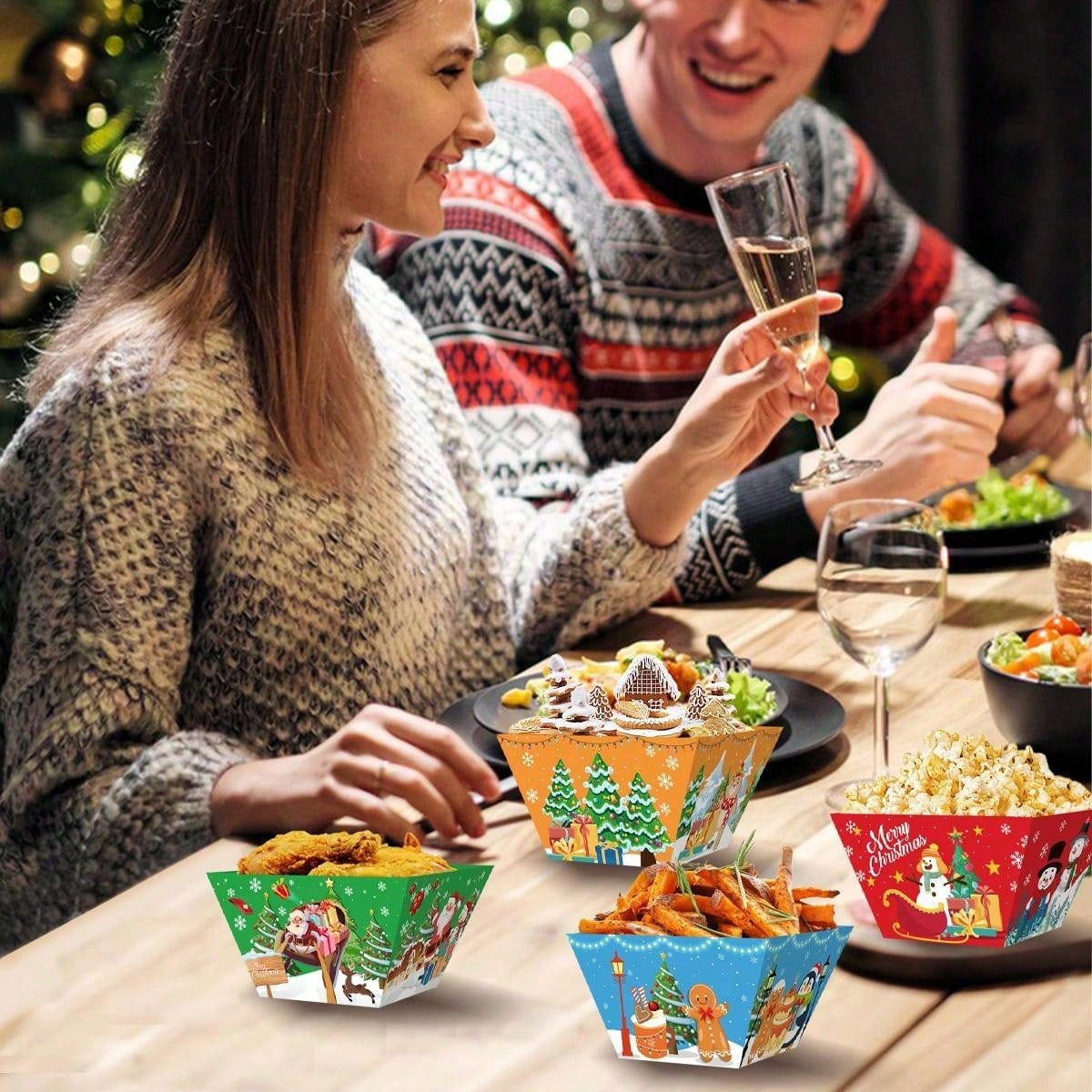 12 PCS Christmas Paper Food Tray Xmas Decorations Christmas Gingerbread Man Disposable Snack Popcorn Bowl Popcorn Containers Boxes For Winter Christmas Party Supplies