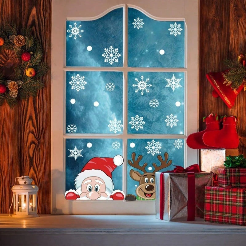 4 Sheets Of Christmas Window Clings For Glass,Santa Claus, Snowflake Wall Stickers, Static Clings, Xmas Window Decorations, Ornaments For New Year, Christmas Holiday Party Room Decorations