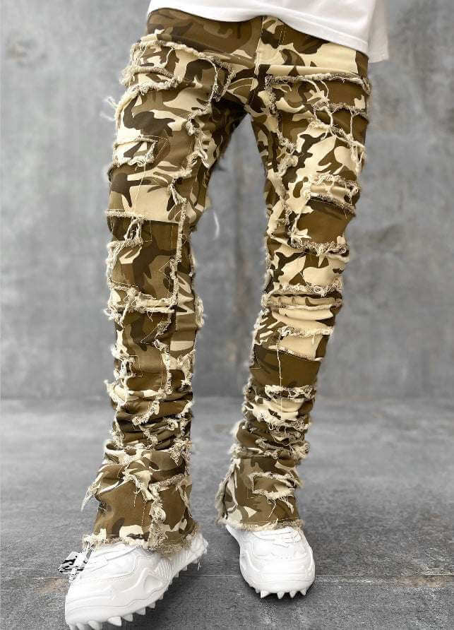 Men's stacked camo jeans with distressed design and cotton fabric