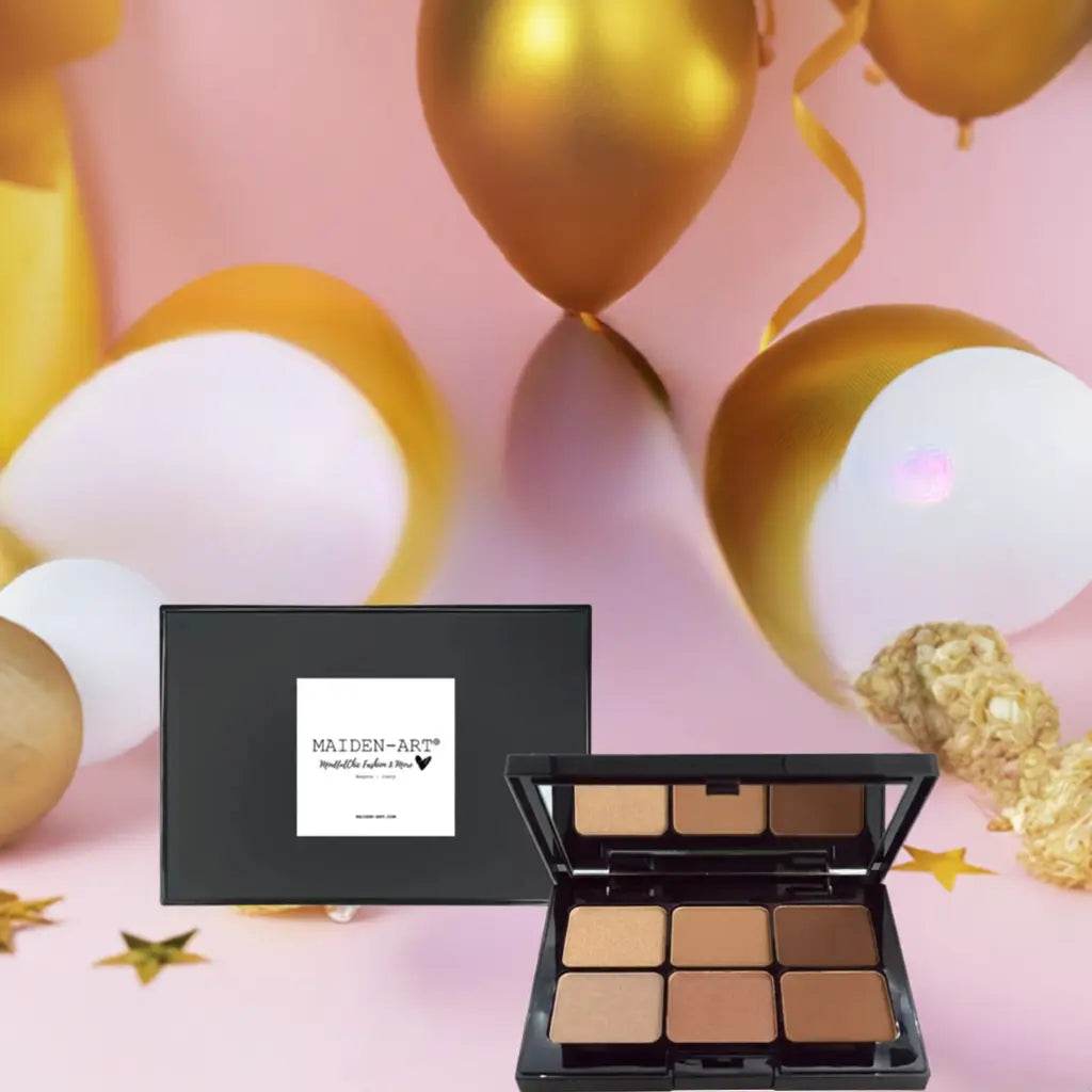 Caramel Kiss Eyeshadow Palette Set featuring six creamy shades on festive background with gold balloons.