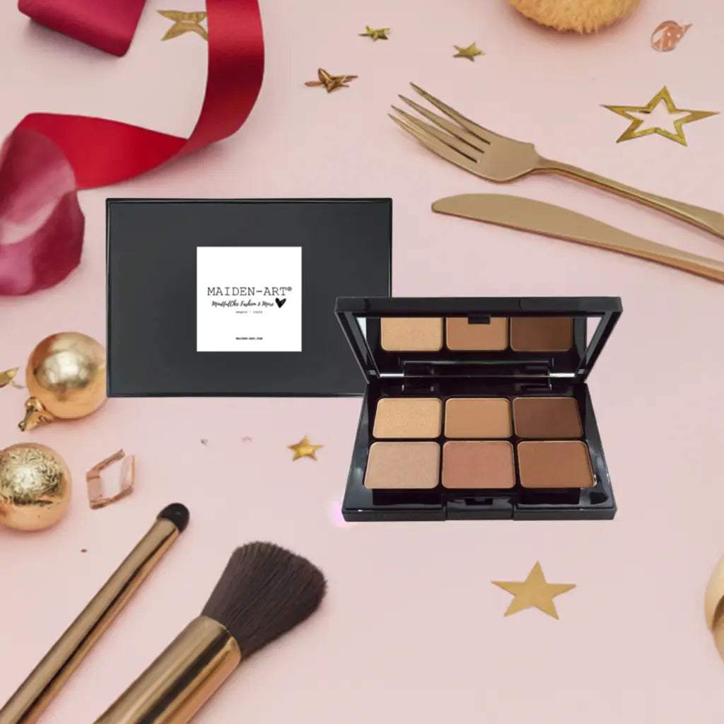 Caramel Kiss Eyeshadow Palette Set showcasing 6 creamy shades on a festive backdrop with gold stars and decorative items.