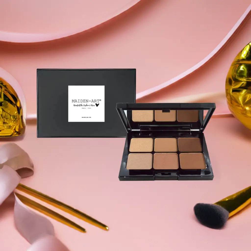 Caramel Kiss Eyeshadow Palette Set showcasing 6 creamy, pigmented shades for vibrant eye looks against a pink background.