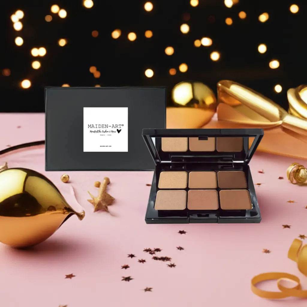 Caramel Kiss Eyeshadow Palette Set featuring 6 creamy shades in a sleek compact, perfect for creating stunning eye looks.
