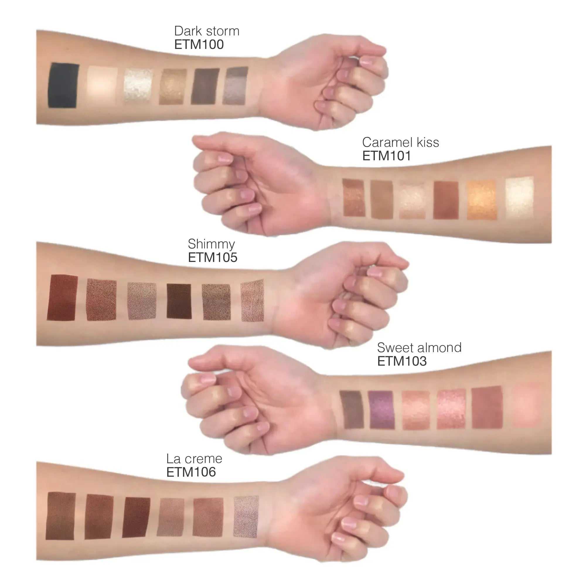 Swatches of Caramel Kiss Eyeshadow Palette Set showing six creamy, highly pigmented shades on arms.