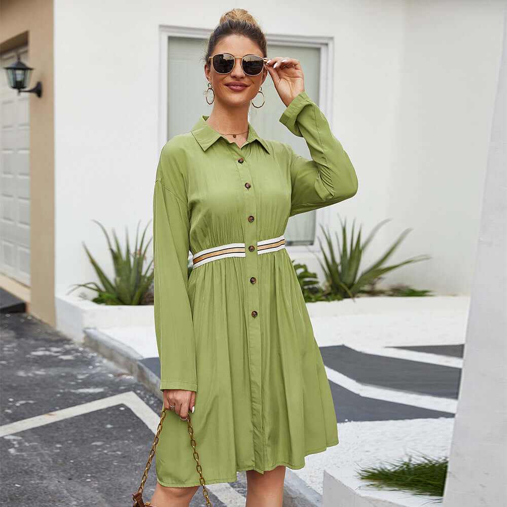 Casual summer dress for women featuring a mid-length A-line design, lapel collar, and elastic waist in olive green.