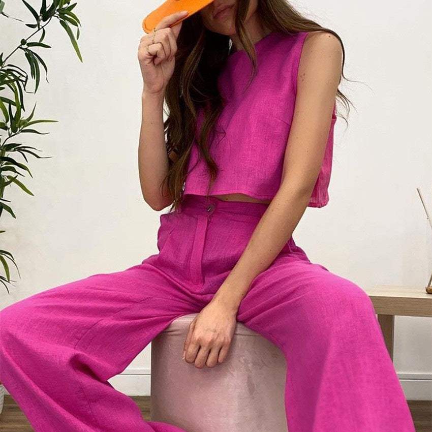 Solid Color Round Neck Sleeveless Vest Top And Trousers