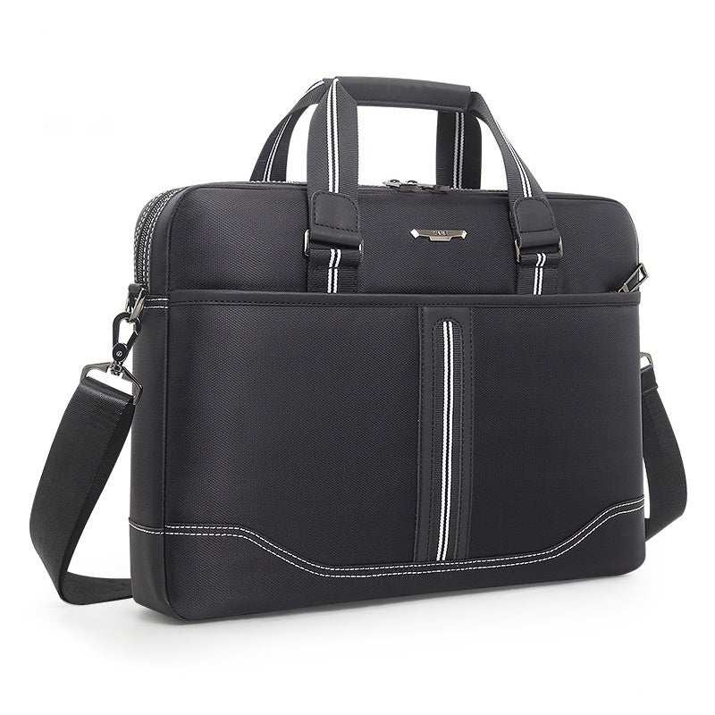 Large capacity men's laptop bag in black Oxford cloth with multiple handles and stylish design.
