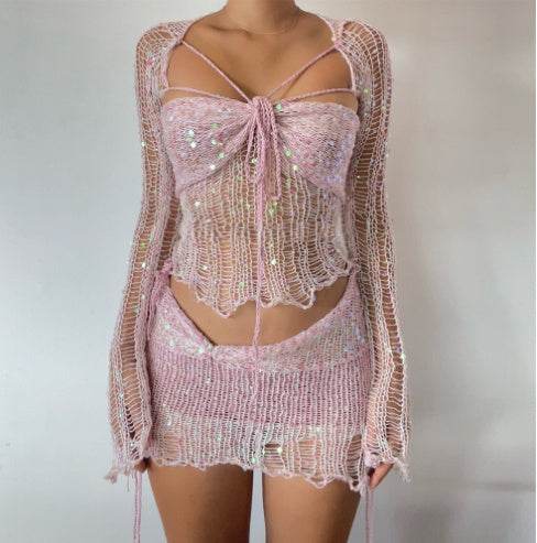 Fashion Sequin Embroidery Knitted Sweater Three-piece Set