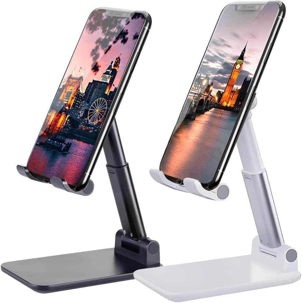 Two adjustable cell phone stands in black and white holding smartphones, ideal for desktops and tablets.