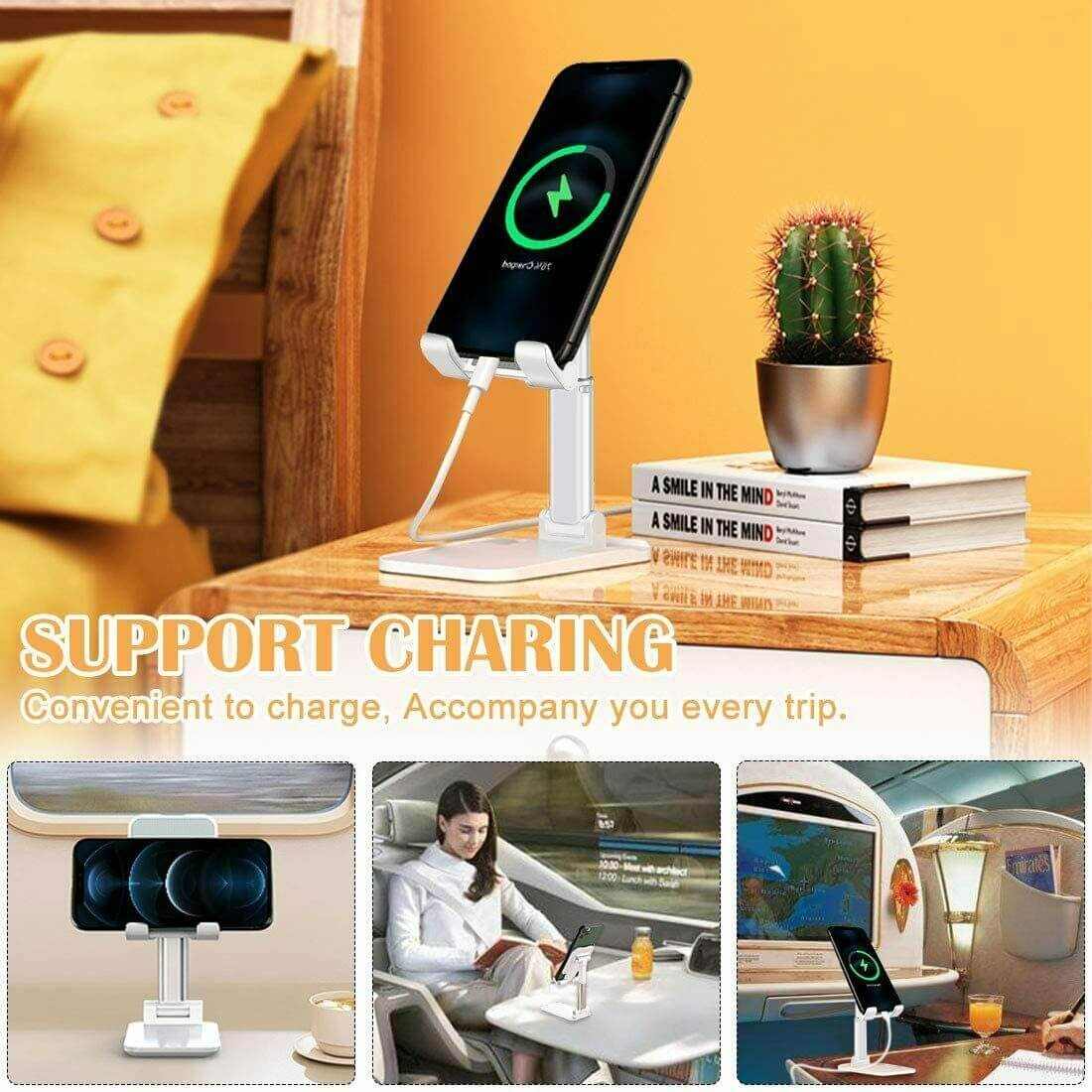 Foldable mobile phone stand with charging support, perfect for desktops and travel, featuring a sleek design.