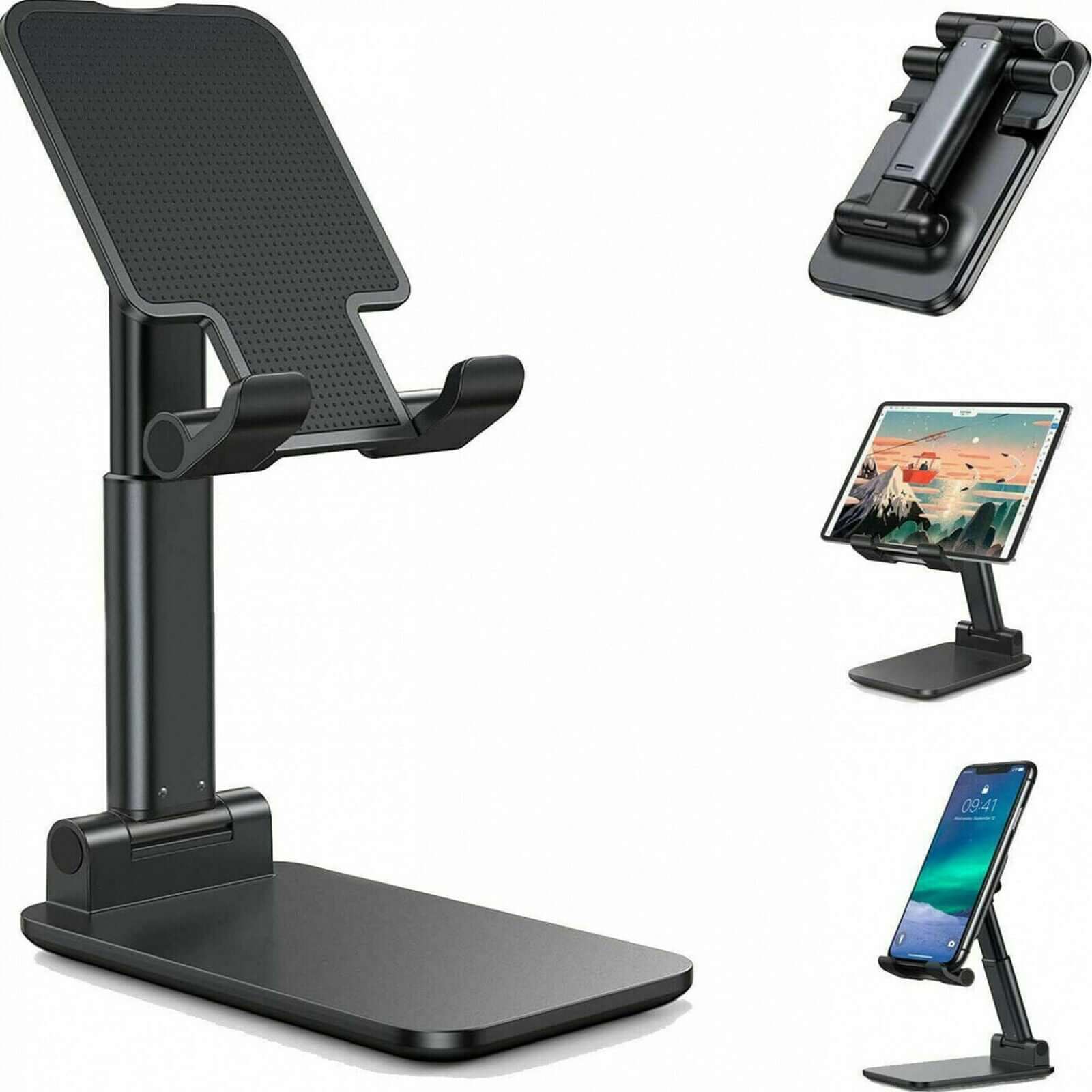 Foldable mobile phone stand for desk, adjustable tablet holder for desktop use, sleek black design.