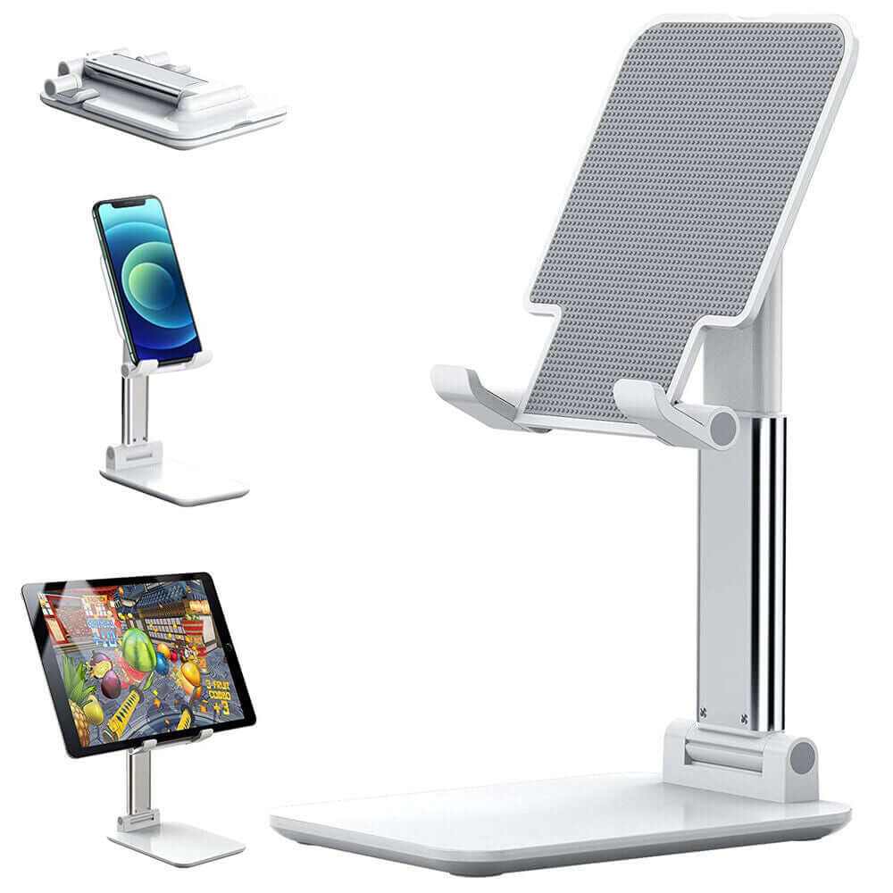 Foldable desktop holder for mobile phones and tablets, adjustable stand for easier viewing and use.