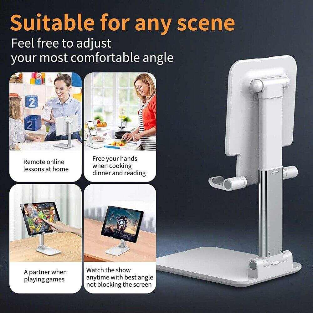 Adjustable desktop phone and tablet holder for various activities like cooking, gaming, and video calls.