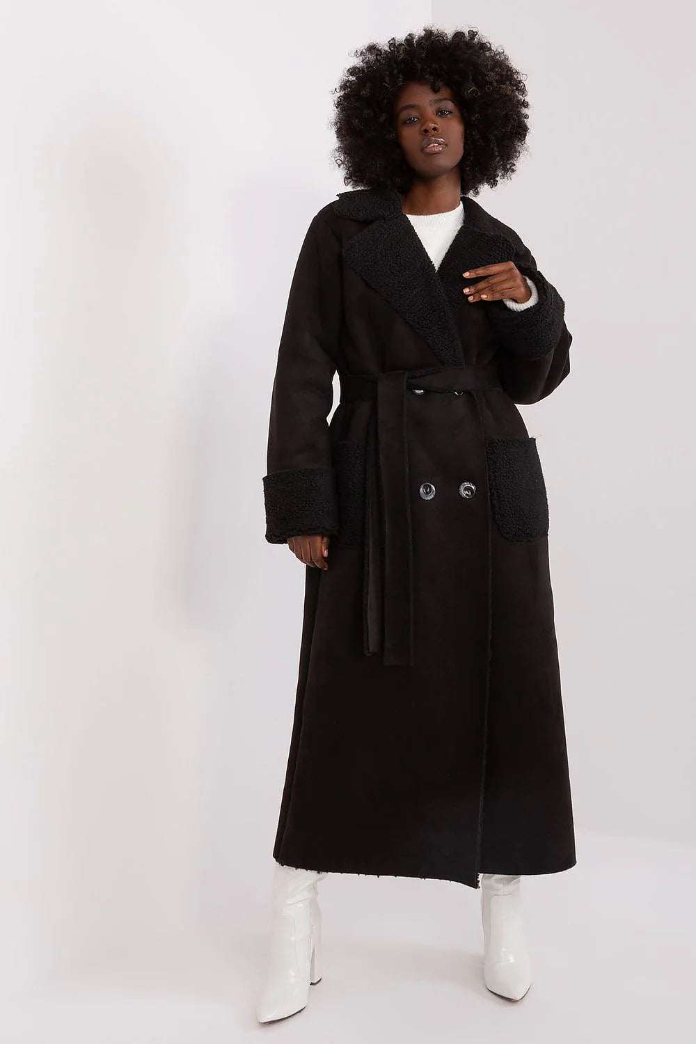 Chic Lakerta Longline Winter Coat featuring a stylish design, waist tie, and elegant black material, perfect for winter.
