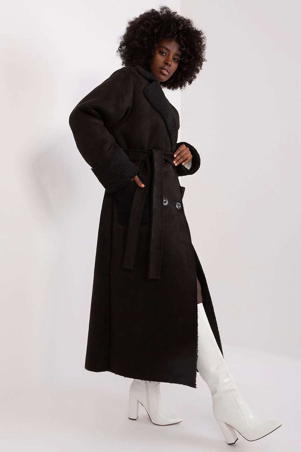 Chic Lakerta Longline Winter Coat in black, styled for casual and elegant winter looks.