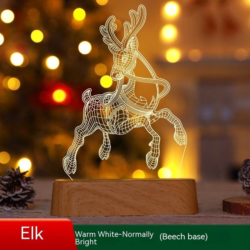 Christmas 3D lamp LED night light with elk design on wooden base, warm white glow decorative light