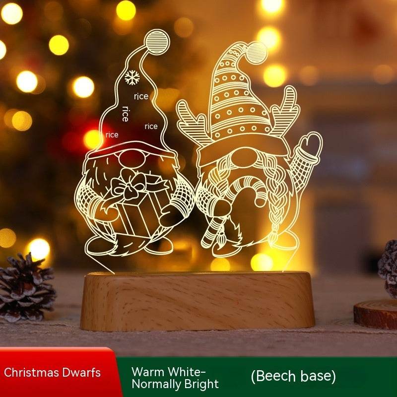 Christmas 3D lamp LED night light featuring festive dwarfs with gifts, warm white glow, beech base, perfect for holiday decor.