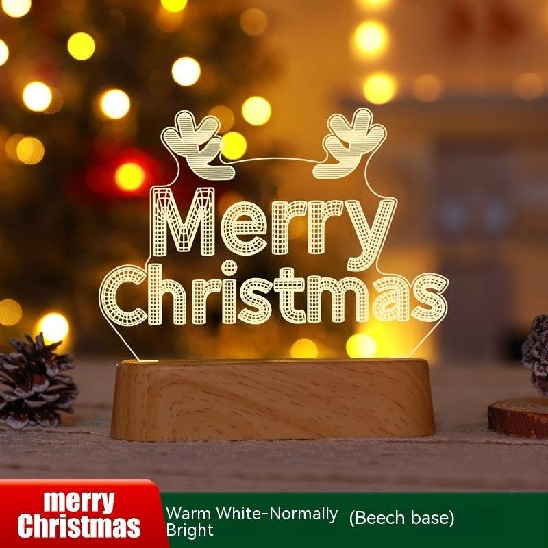 Christmas 3D lamp LED night light with warm white glow and beech base, featuring Merry Christmas text and festive design.