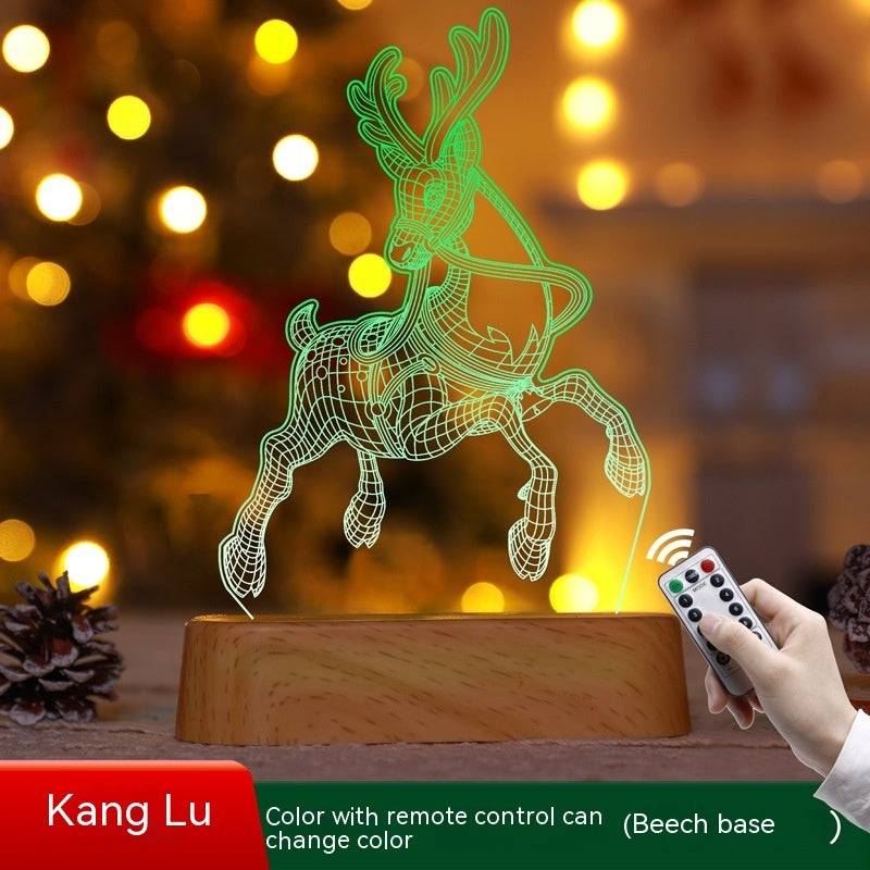 Christmas 3D lamp LED night light with remote control and beech wood base showing a glowing reindeer design