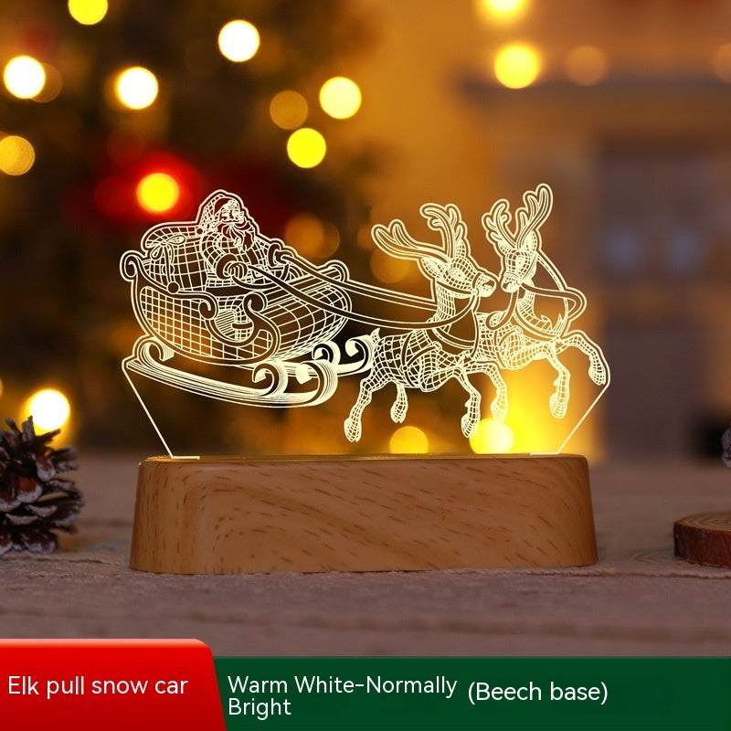 Christmas 3D lamp LED night light featuring Santa and reindeers on wooden base in warm white light