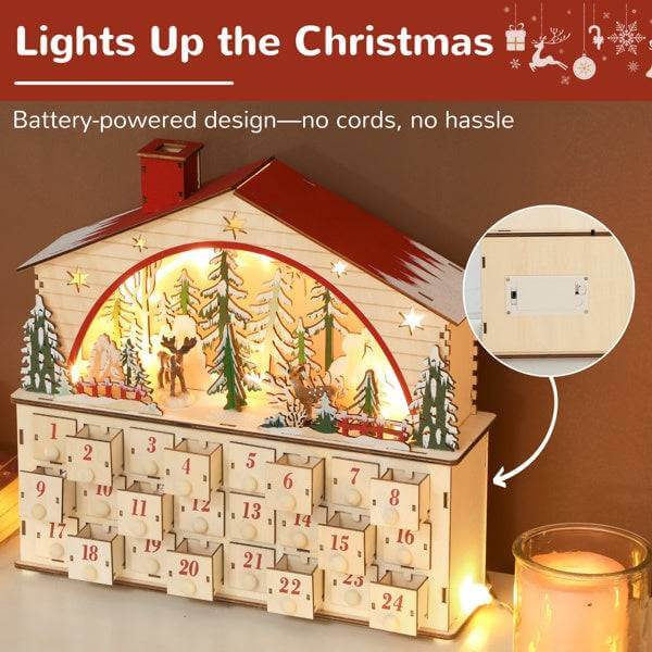 Christmas advent calendar house design with 24 drawers and warm LED lights for festive holiday decor