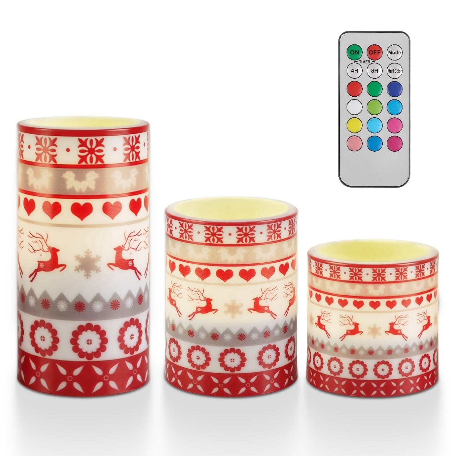 Christmas flameless LED candles in festive designs with reindeer and hearts, accompanied by a remote control.